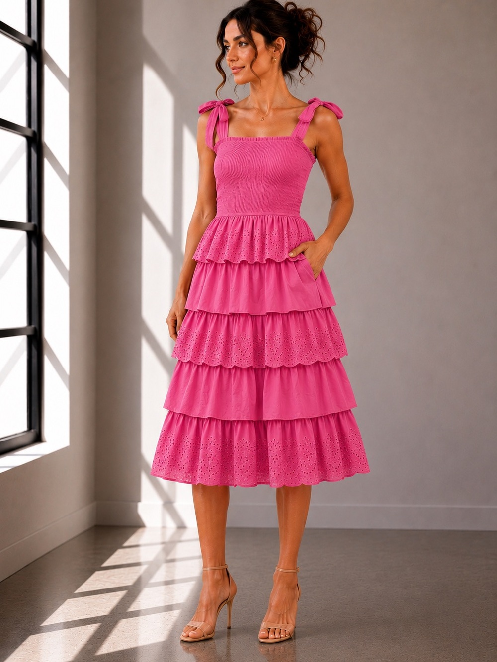 486. Rosalie Smocked Eyelet Tiered Midi Dress